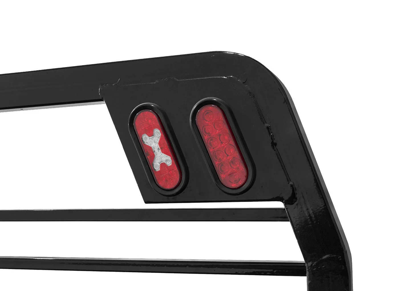 Truck flatbed hitch, toolbox, and lighting details